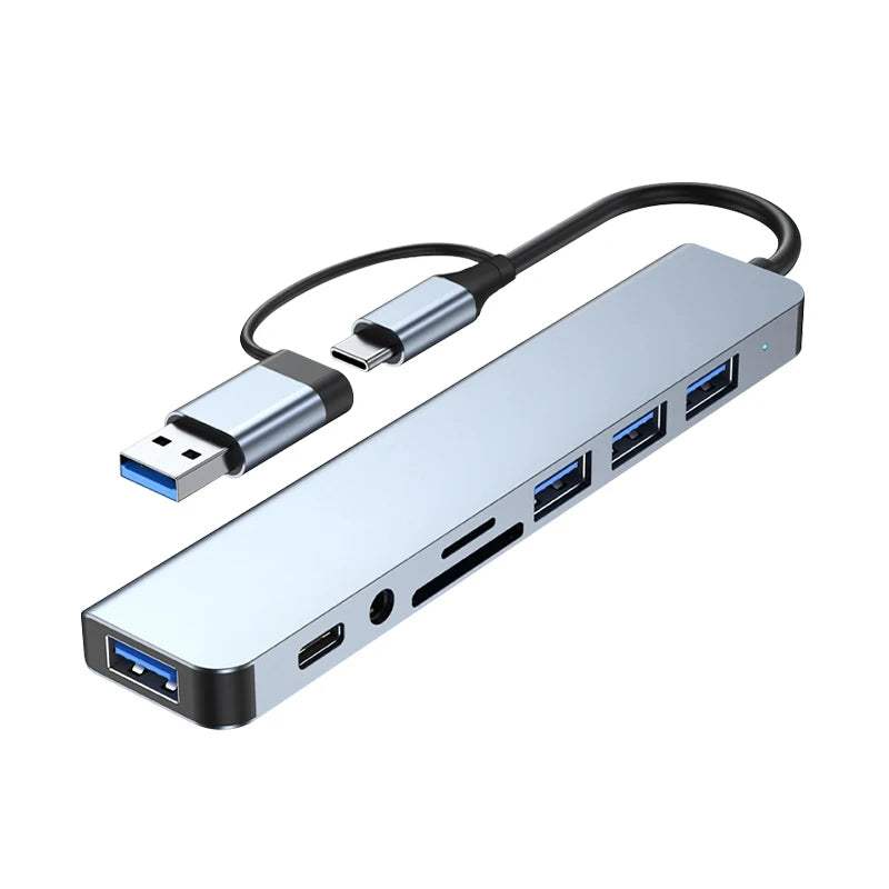 8-in-2 USB-C Hub Adapter — Multi-Port USB-A/SD/TF/Audio | UK Stock