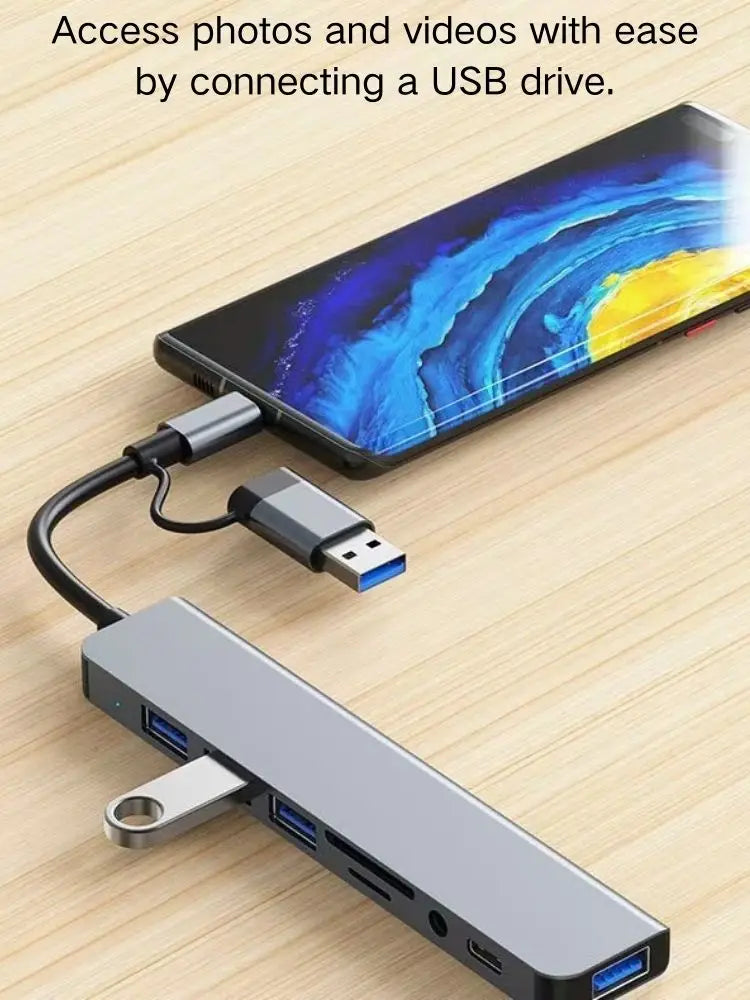 8-in-2 USB-C Hub Adapter — Multi-Port USB-A/SD/TF/Audio | UK Stock