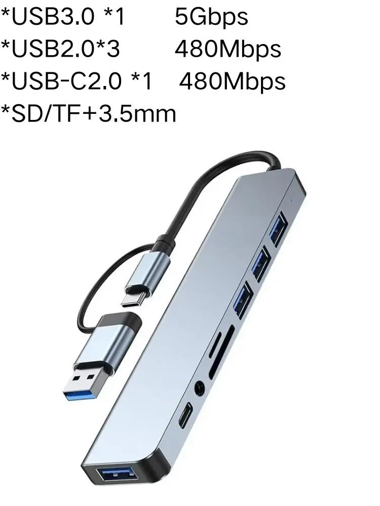 8-in-2 USB-C Hub Adapter — Multi-Port USB-A/SD/TF/Audio | UK Stock