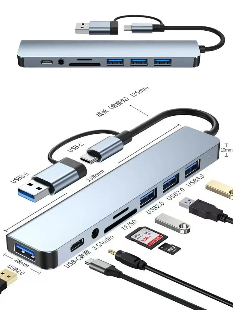 8-in-2 USB-C Hub Adapter — Multi-Port USB-A/SD/TF/Audio | UK Stock