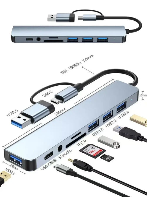 8-in-2 USB-C Hub Adapter — Multi-Port USB-A/SD/TF/Audio | UK Stock