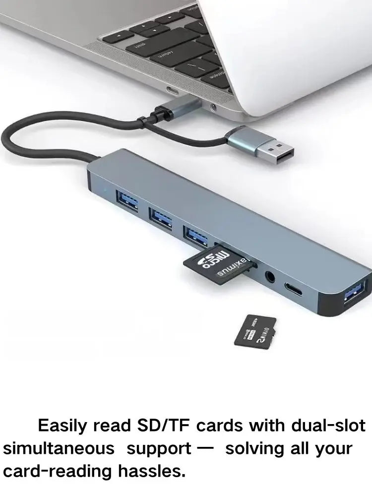 8-in-2 USB-C Hub Adapter — Multi-Port USB-A/SD/TF/Audio | UK Stock