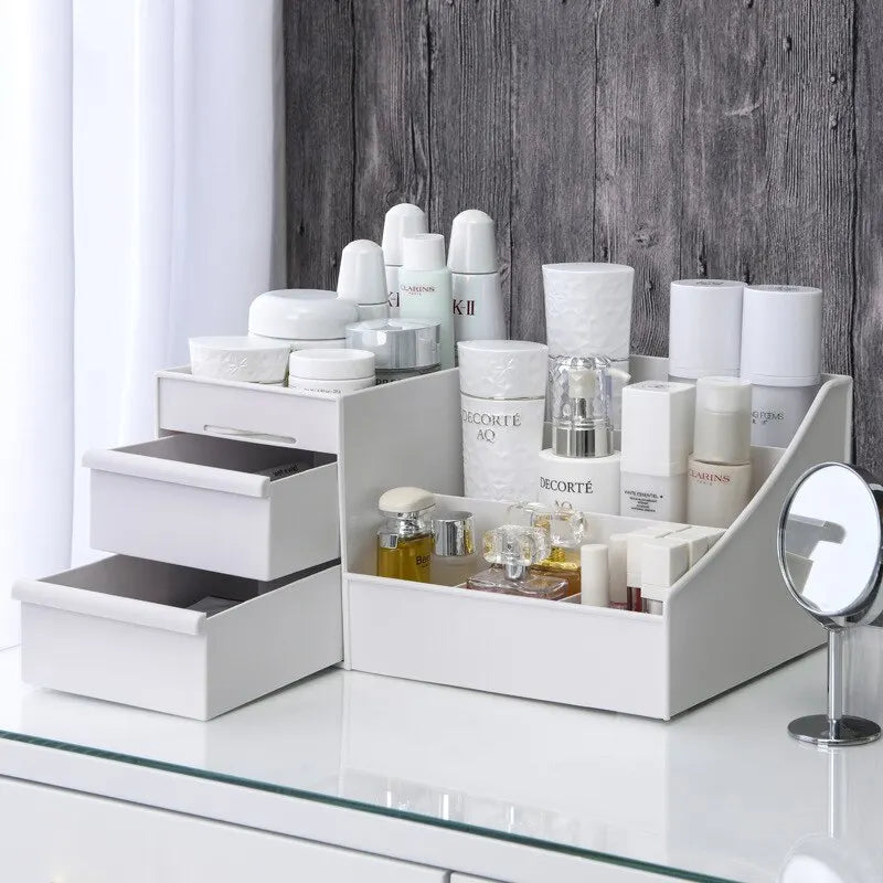 Large Makeup Storage Organiser with Drawers — White Cosmetic Display Box | UK Stock